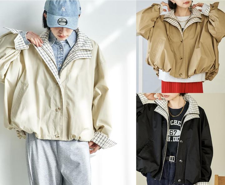 画像: 配色 チェック ダブル襟 バルーンコート（オフホワイト/ベージュ/ブラック）各¥12,980（すべてフリークス ストア）