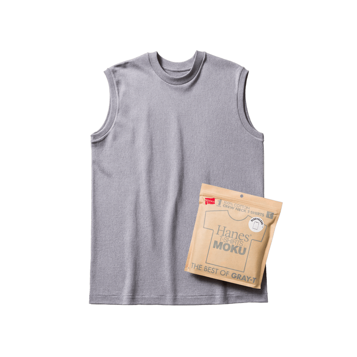 「Hanes T-SHIRTS MOKU」 のカラー展開は杢グレー1色のみ、ラインナップにはショートスリーブタイプとスリーブレスタイプの2型。