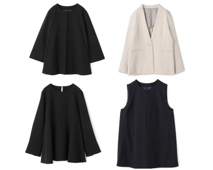 画像: 【クロス ファンクション】左上：《洗える・シワになりにくい》正解Aラインフレアジャケット¥9,900、右上：《洗える・シワになりにくい》正解ノーカラージャケット¥9,900、左下：《洗える・シワになりにくい》正解ペプラムブラウス¥5,940、右下：《洗える・シワになりにくい》正解ロングジレ¥9,900 www.crossplus.jp