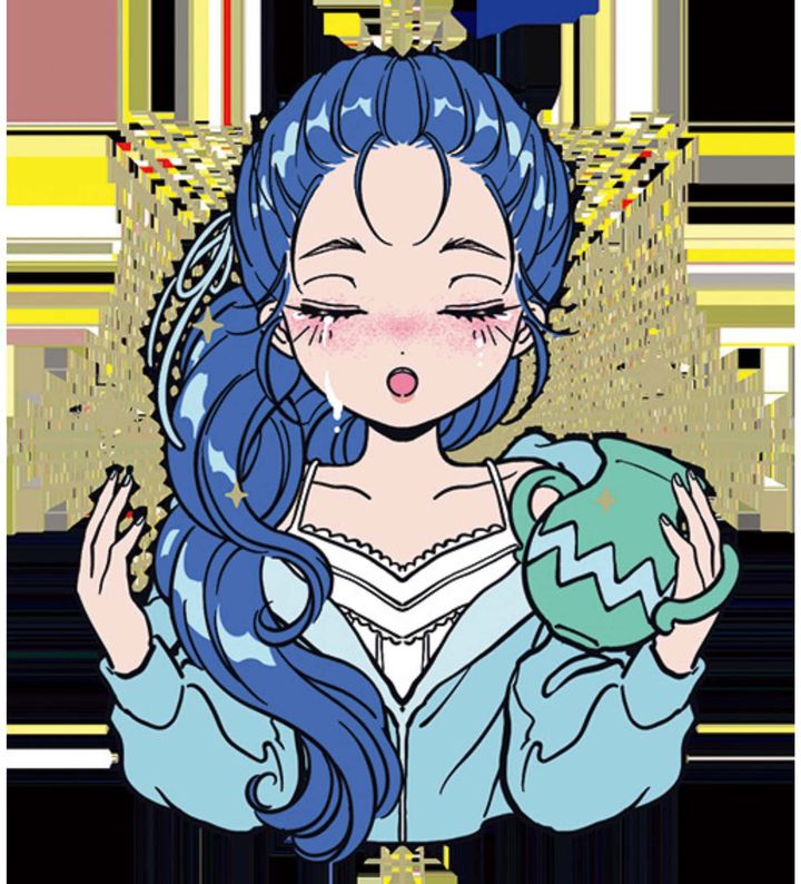 水瓶座の今月の運勢を表現した、神秘的で透明感のあるブルーヘアのイラスト