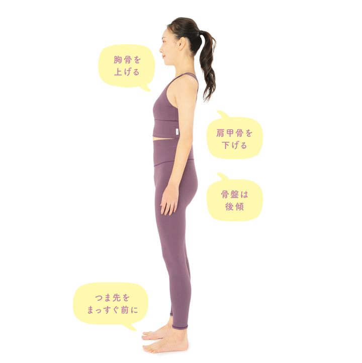 肩甲骨を下げると胸骨が上がる。骨盤は後ろに倒して、つま先はまっすぐ。これが歩行時の基本姿勢。