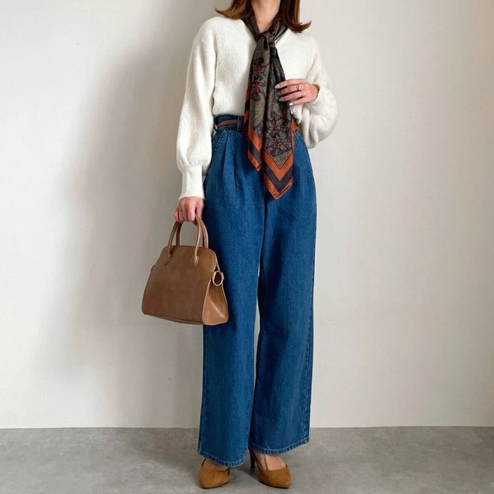 GUデニムタックトラウザー スカーフコーデ