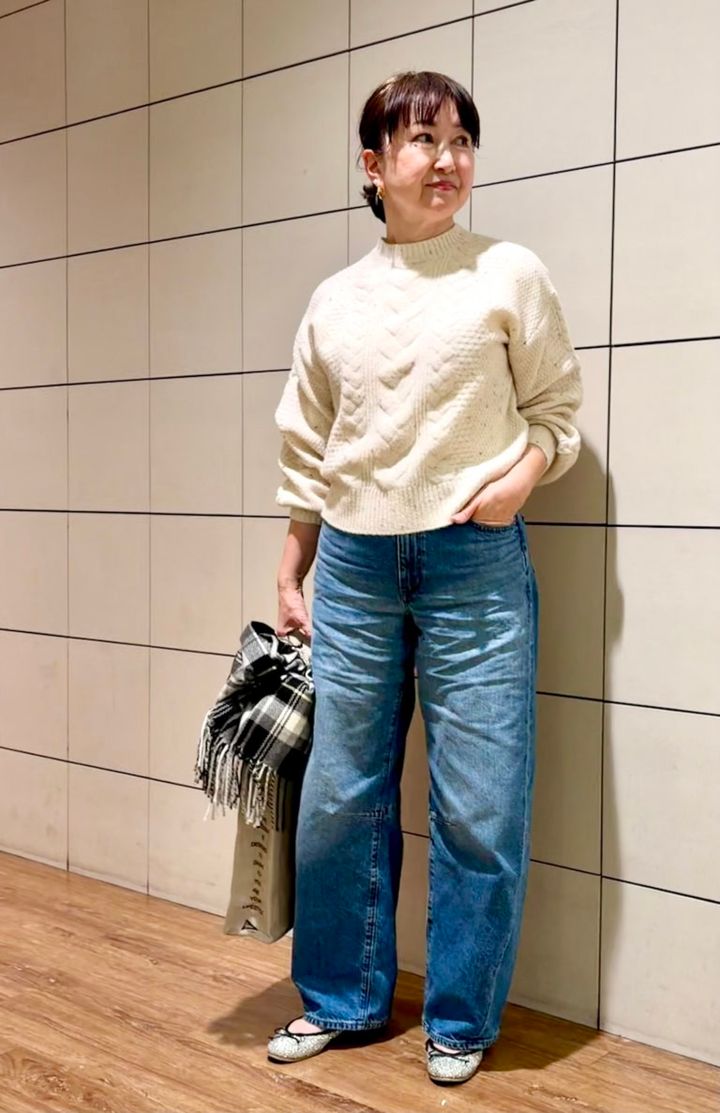 26年２月yumikoさんブログ_バレルレッグジーンズ＋スタイルヒートチェックストールコーデ