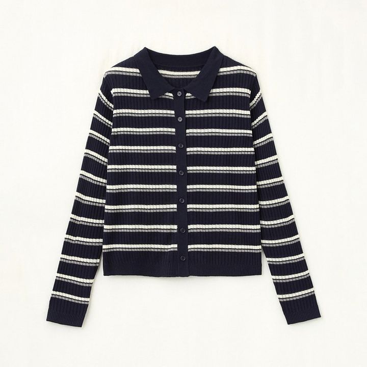 しまむらのマルチボーダーリブニットカーディガン（田中里奈）