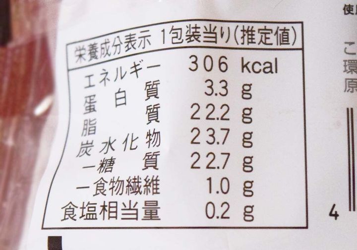 1包装あたり、306kcal、たんぱく質3.3g、脂質22.2g、炭水化物23.7g、食塩相当量0.2g。
