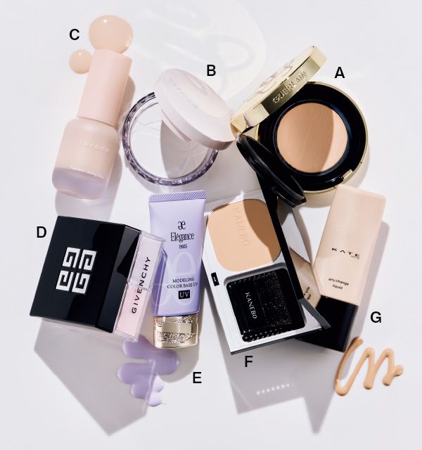 ゲラン パリュール ゴールド スキン メッシュ クッション／セザンヌ 毛穴レスフィックスパウダー CLクリア／トーン フローレス ラスティング ベース／ジバンシイ プリズム・リーブル／エレガンス モデリング カラーベース UV／カネボウ メルティフィール ウェアⅡ／ケイト エアリーチェンジリキッド