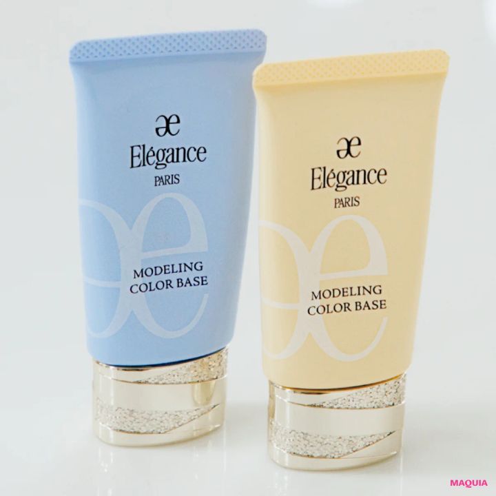 美容家 神崎恵さんのくすみ肌におすすめのコスメ エレガンス モデリング カラーベース （左）BU300、（右）YE401