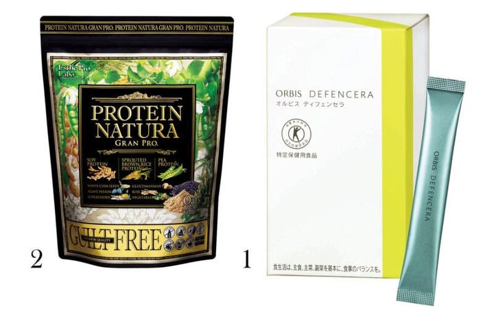 1_ディフェンセラ 45g（1.5g×30包）（オルビス） 2_プロテイン ナチュラ グランプロ（オーツ黒ごまきな粉）900g（エステプロ・ラボ）