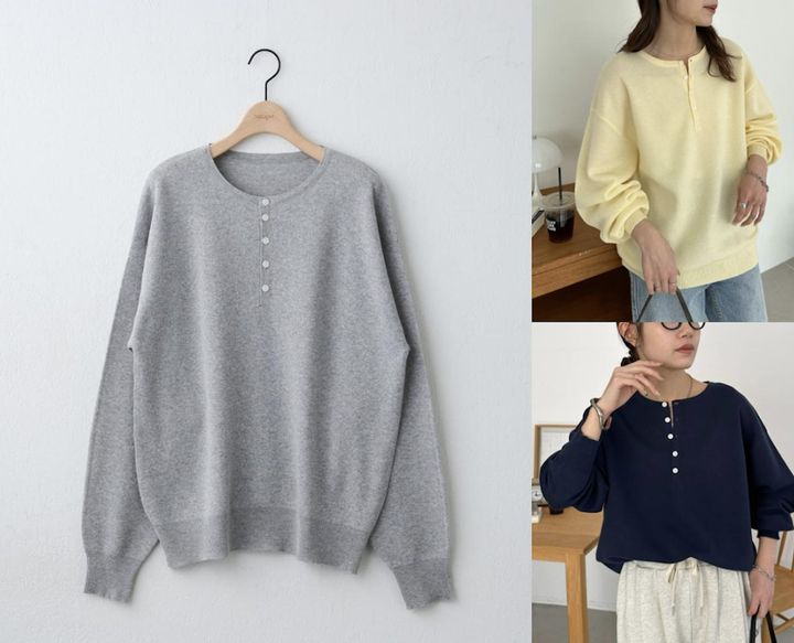 画像: 【Enlude】スウェットライクヘンリーネックニット（グレー/イエロー/ネイビー）各¥6,600（すべてディスコート） 出典：ディスコート