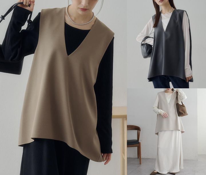 画像: 【Noka】裾ラウンド深Vベスト（グレージュ/チャコールグレー/ライトベージュ）各¥4,400（すべてディスコート） 出典：ディスコート