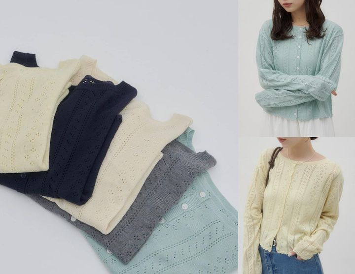 画像: 【umm.】アイレットフリルニットカーディガン（イエロー/ネイビー/アイボリー/グレーサックスブルー）各¥5,940（すべてディスコート）※サックスブルー/イエローはWEB限定カラー 出典：ディスコート