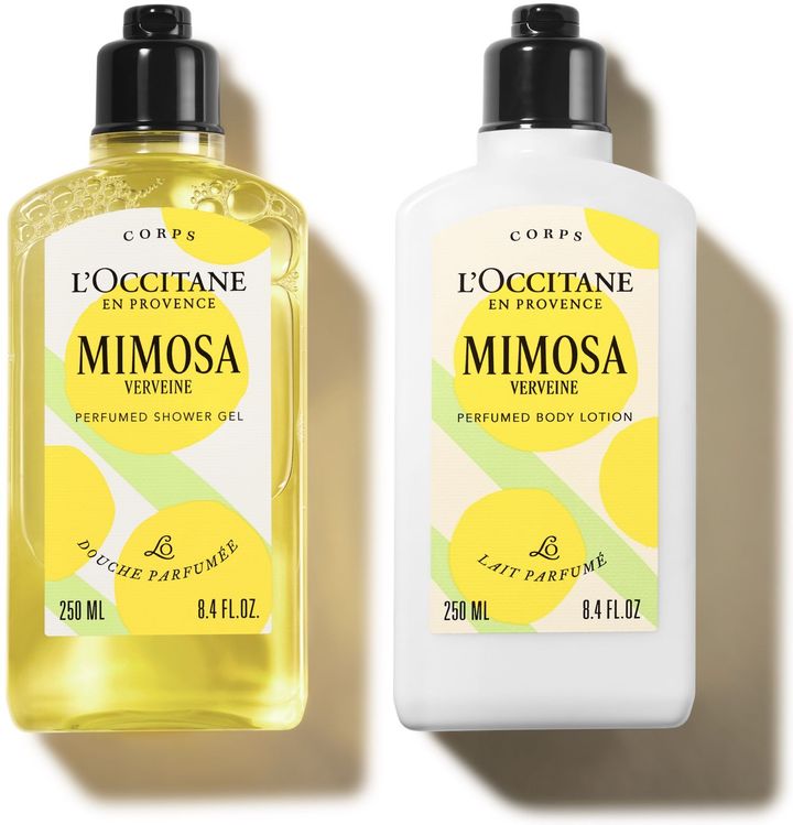 〈左から〉ミモザ パフュームド シャワージェル 250ml ￥3,960 ミモザ パフュームド ボディミルク 250ml ￥4,840（ともに2月25日より限定発売）