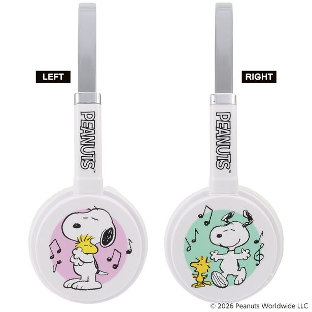 ホワイトの左右イヤーカップ。ピンク×ミントグリーンの背景色で、左右それぞれ異なるスヌーピー＆ウッドストックのイラストが楽しめる