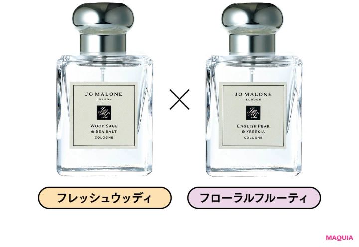 フレグランス・香水のQ&A 香水のレイヤード ジョーマローン （左）ウッド セージ & シー ソルト コロン （右）イングリッシュ ペアー & フリージア コロン