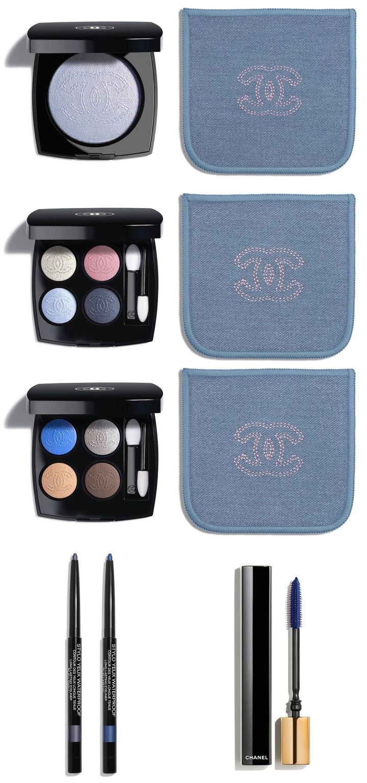 〈上段〉ココ デニム ￥13,750 〈中段上から〉レ キャトル オンブル 19、29 各￥13,200 〈下段左から〉スティロ ユー ウォータープルーフ N 98、38（既存色） 各￥5,060 ヌワール アリュール 97 ￥7,480（既存色以外すべて2月27日より限定発売） Photos_ ©︎CHANEL