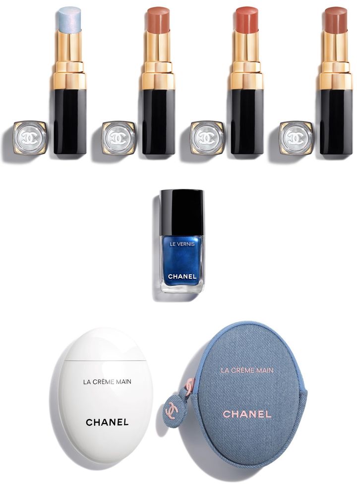 〈上段左から〉ルージュ ココ フラッシュ 284、286、288、290 各￥6,490 〈中段〉ヴェルニ 419 ￥5,280 〈下段〉ラ クレーム マン デニム ￥12,210（すべて2月27日より限定発売） Photos_ ©︎CHANEL