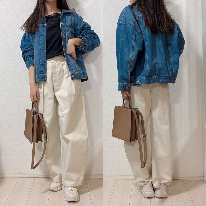 GUチノタックバレルパンツとデニムジャケットコーデ