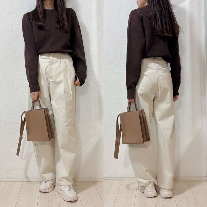 GUチノタックバレルパンツとブラウンニットコーデ