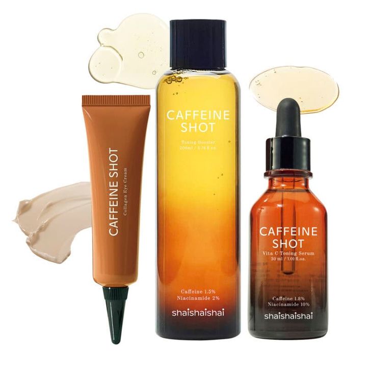 右から：shaishaishai カフェインショット ビタC トーニングセラム 30mL 2970円、同 トーニングブースター200mL 2530円、同 アイクリーム 30g 2750円（アリエルトレーディング）