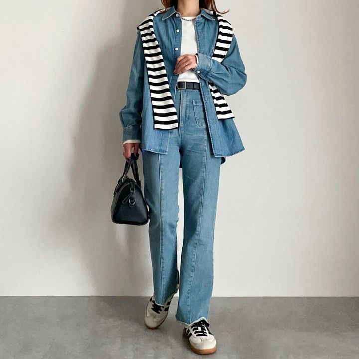 デニムシャツとデニムパンツコーデ