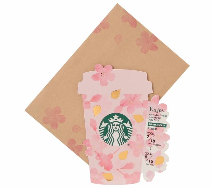 「SAKURA2026 ビバレッジカードピンク（ドリンクチケット付）」750円 【ドリンク引き換え有効期間】2026年2月18日（水）〜2026年8月16日（日） 【ドリンク交換チケット】 700円（店内利用）、687円（持ち帰り）までのドリンクと交換可能