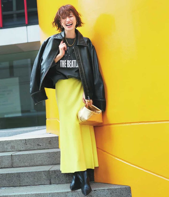 畑野ひろ子 レザージャケット ロックTシャツ イエローナロースカート コーデ