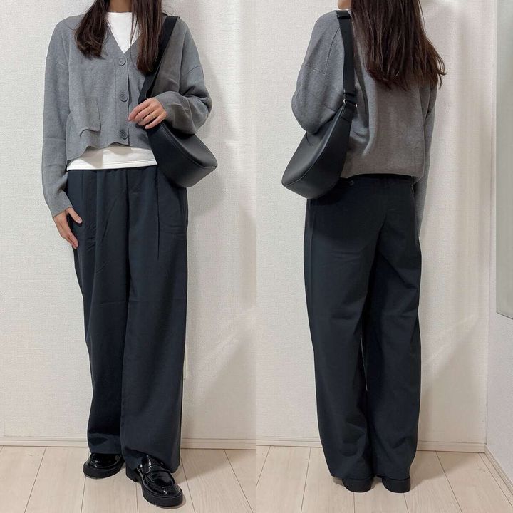 ユニクロイージータックパンツと短丈カーディガンコーデ