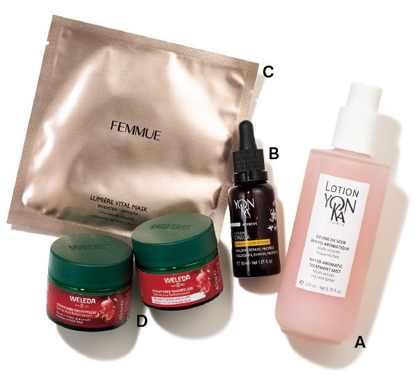 【A】ヨンカ ローション ヨンカ（PS） 【B】ヨンカ セラムオメガ 【C】ファミュ ルミエール ヴァイタルマスク 【D・右】ざくろ ファーミングデイクリームN 【D・左】ざくろ ファーミングナイトクリームN