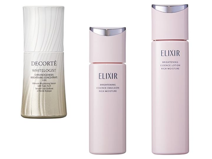 （右から）2つの美白有効成分による美白ケアに加え、コラーゲン密度を高めて透明感を。ブライトニング ローション ca 170㎖ ¥3,740、同 エマルジョン ca 130㎖ ¥4,400［ともに医薬部外品］（ともに2月21日発売）／エリクシール、美白有効成分・コウジ酸の濃度を現行の1.8倍に。真皮線維芽細胞の肌色維持因子を増やす働きも。ホワイトロジスト クロノジェネシス ブライトニング コンセントレイト 1.8X［医薬部外品］ 30㎖ ¥19,800／コスメデコルテ
