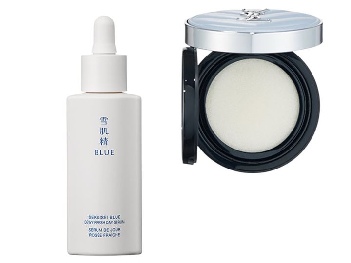 （右から）メイクの上からつけて、クール感を与え、潤い感を。オールアワーズ ブラークッション ¥10,890（3月13日限定発売）／イヴ・サンローラン・ボーテ、環境ダメージから守り、肌バテをケアする日中美容液。雪肌精 BLUE デューイー フレッシュ デイ セラム SPF40・PA+++ 30㎖ ¥7,150（編集部調べ・2月16日発売）／コーセー