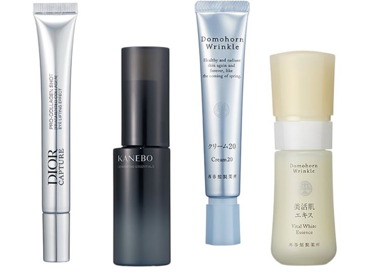 （右から）ミトコンドリアの新生を促進。ドモホルンリンクル 美活肌エキス 30㎖ ¥11,000、同 クリーム20 30g ¥14,300［ともに医薬部外品］／ともに再春館製薬所、エ ネルギー代謝を促し、表皮の生まれ変わりを後押し。カネボウ ジェネレイティング エッセンシャルズ 168㎖ ¥13,200／カネボウインターナショナルDiv. 、肌細胞の呼吸を高めてエネルギーを増幅させるアイケア。ディオール カプチュール プロ コラジェンショット 15㎖