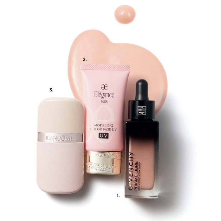 1.プリズム・リーブル・ケア＆カラー・セラム・プライマー ピンク（パルファム ジバンシイ［LVMHフレグランスブランズ］） 2.モデリング カラーベース UV SPF40・PA+++ UV耐水性★ PK110 （エレガンス コスメティックス） 3.イドル スキン ミルク プライマー 01（ランコム）