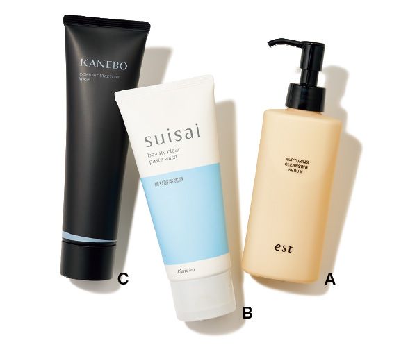 【A】ナーチャリング クレンジングセラム 【B】スイサイ ビューティクリア ペーストウォッシュ 【C】カネボウ コンフォート ストレッチィ ウォッシュII