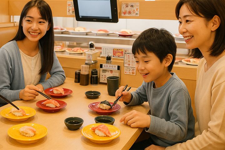 親子で楽しく回転寿司のイメージ