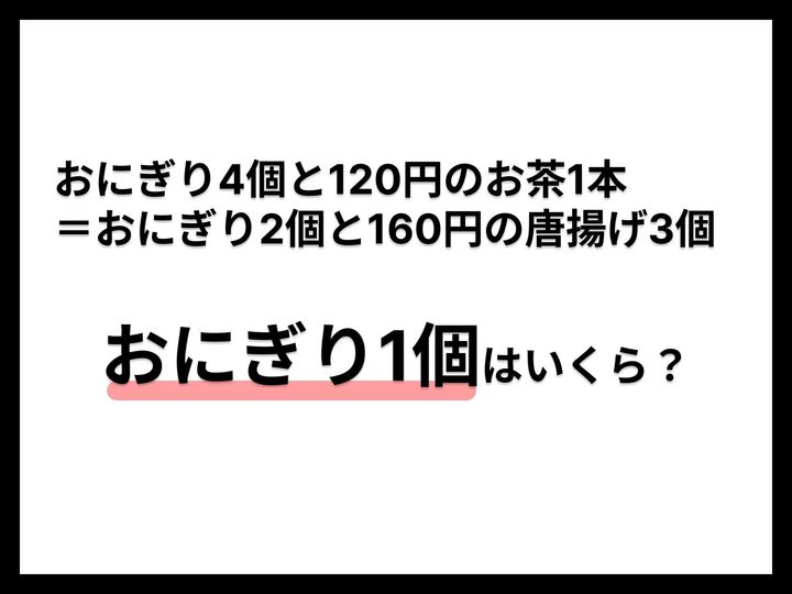 おにぎりとお茶、そして唐揚げという3つの商品の条件を整理して、おにぎり1個の単価を導き出しましょう。数式を使って「差」を可視化すれば、パズルを解くような感覚で答えが見つかるはずです。