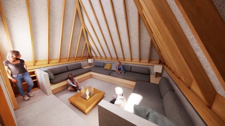 竪穴住居をモチーフにしたキャビン「火ノ庵（ひのいおり）」室内（昼）イメージ