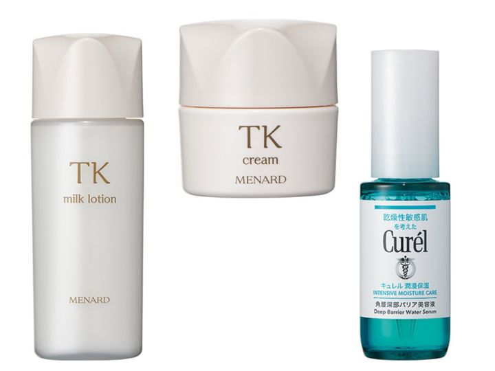 （右から）敏感肌が感じる刺激感とタイトジャンクションの関係を解明。キュレル 潤浸保湿 角層深部バリア美容液［医薬部外品］ 30㎖ ¥4,950（編集部調べ・3月7日発売）／花王、顆粒層のバリア機能に着目し、ガーデニアエキスWを配合。TK クリーム 30g ¥4,400、同 ミルクローション 100㎖ ¥3,300（ともに2月21日発売）／メナード