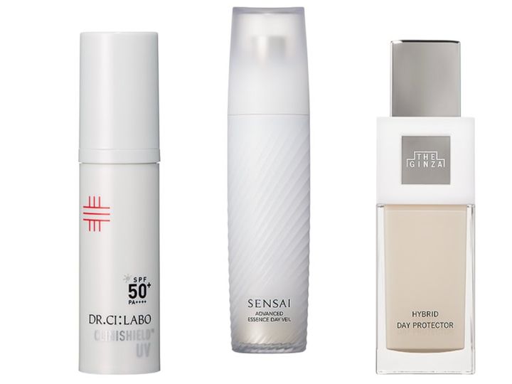 （右から）紫外線などから肌を守ると同時に美肌見せ。ザ・ギンザ ハイブリッドデープロテクター n SPF35・PA+++ 30g ¥36,300（2月1日発売）／ザ・ギンザ、肌奥の光老化を防ぐデイケア。センサイ アドバンスト エッセンスデイヴェール SPF50・PA+++ 40㎖ ¥18,700（2月4日発売）／カネボウ化粧品、バリア修復・鎮静・メラニン抑制など高いケア効果で透明感へ。クリニシールド UVスキンケア SPF50+・ PA++++ 30g ¥5,280（2月16日発売）／ドクターシーラボ
