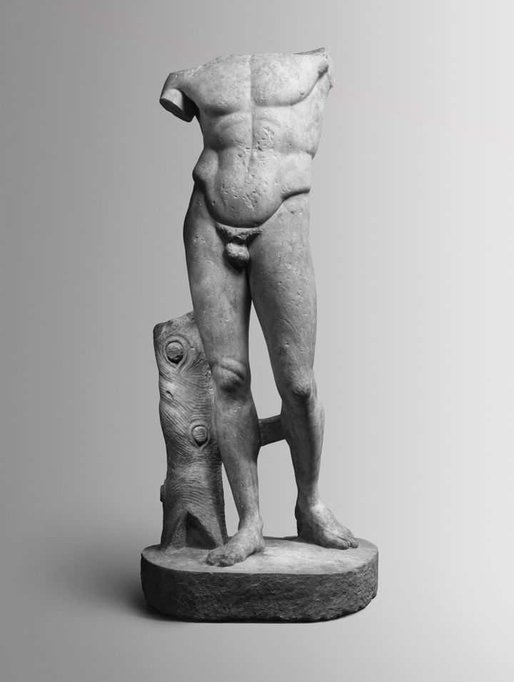 Marble statue of the Diadoumenos (youth tying a fillet around his head), Roman, 1st–2nd century CE; Gift of Mrs. Frederick F. Thompson, 1903 (03.12.8a).