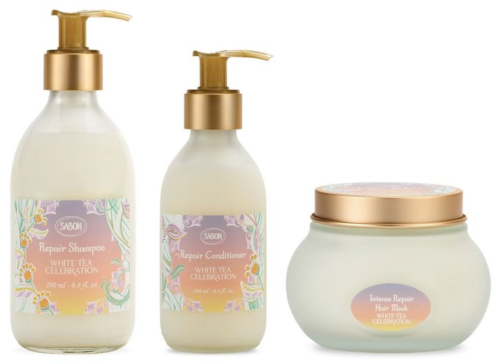 〈左から〉リペアシャンプー ホワイトティー・セレブレーション 290ml ￥3,960 リペアコンディショナー ホワイトティー・セレブレーション 190ml ￥3,960 リペアマスク ホワイトティー・セレブレーション 200ml ￥5,720（すべて2月25日から髙島屋横浜店ポップアップショップ先行、3月5日より全国限定発売）