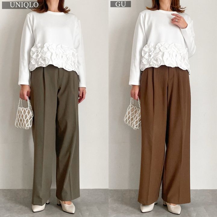ユニクロGUタックワイドパンツとフリルトップスコーデ