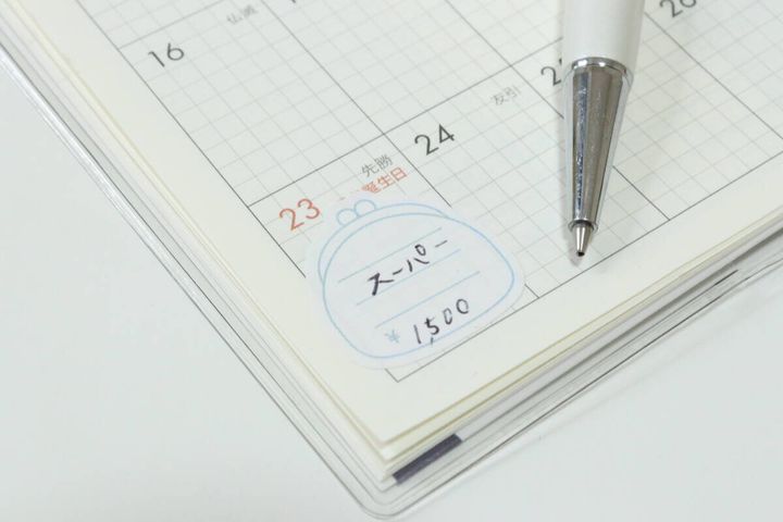 セリアの書き込めるシール ログ お金 72片をノートに貼る