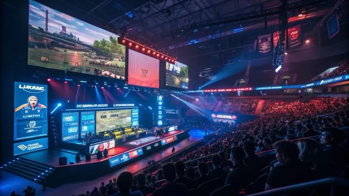 大規模eスポーツ大会会場で観客とステージが熱気に包まれる様子