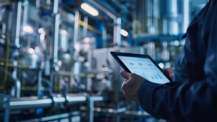 工場設備を背景にタブレットで管理ダッシュボードを確認する施設管理イメージ