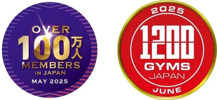 エニタイムフィットネス日本の会員数と店舗数実績を示す記念バッジ