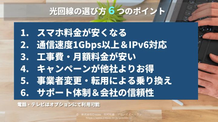 光回線の選び方6つのポイントを示したチェックリスト図版