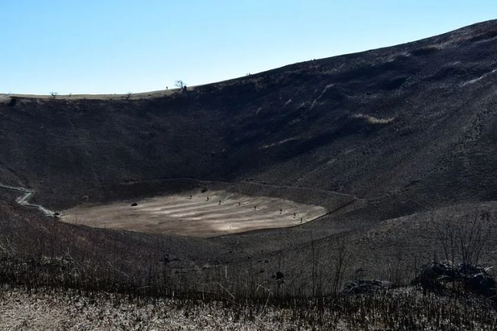 山頂から見下ろす大室山の噴火口地形