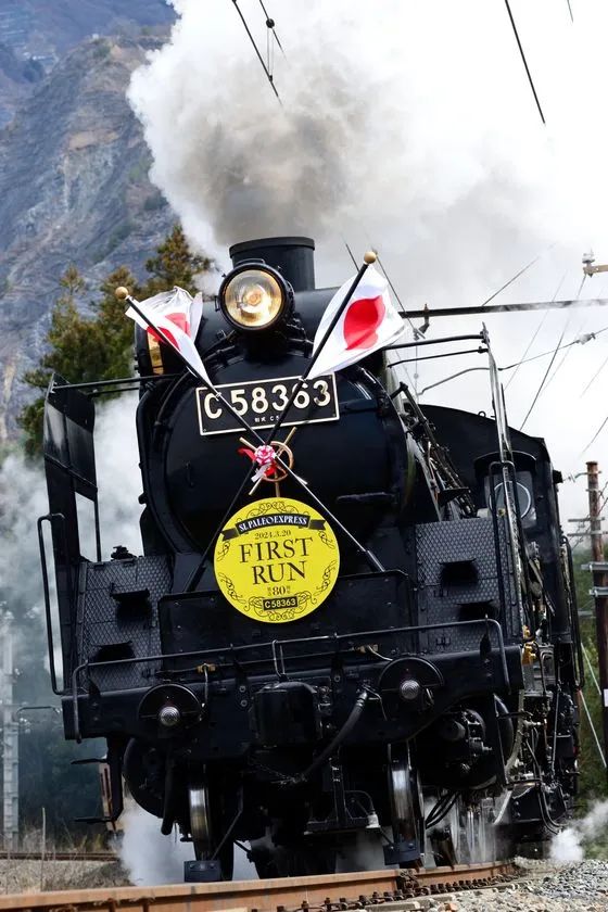 正面に特別装飾を施したSLパレオエクスプレスの機関車