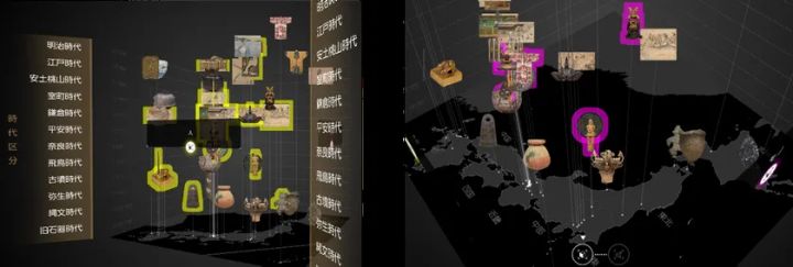 土器や埴輪や絵巻などを3D空間に配置した文化財のたからばこ画面