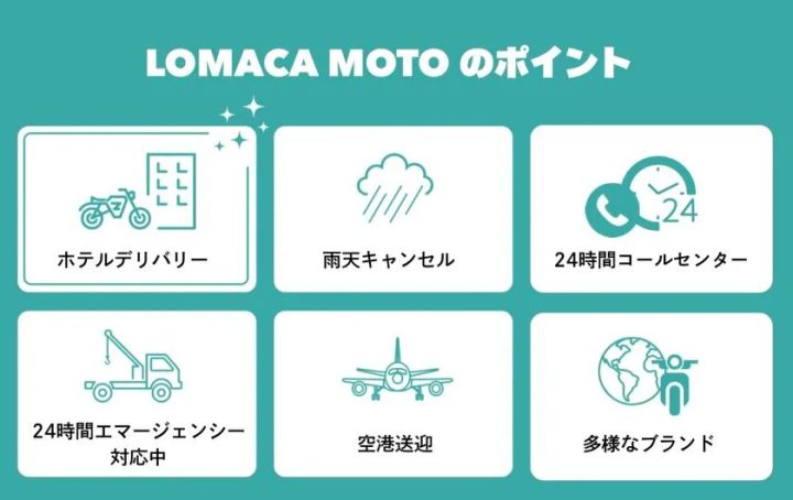 LOMACA MOTOの6つのサービス特長をまとめた図